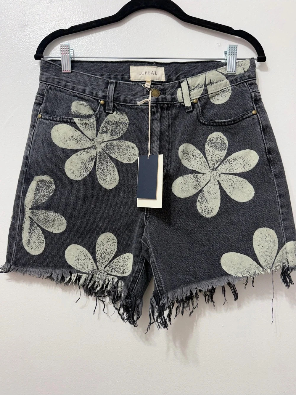 NWT THE GREAT.THE EASY CUT OFF SHORT - Gray DAISY CHECKSTAMP